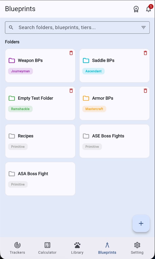 ArkMate Blueprints folders organized by weapons, saddles, armor, and boss fights