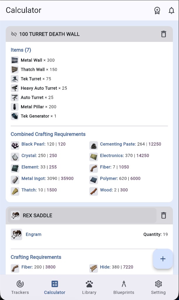 ArkMate Calculator with turret death wall project and combined resource totals